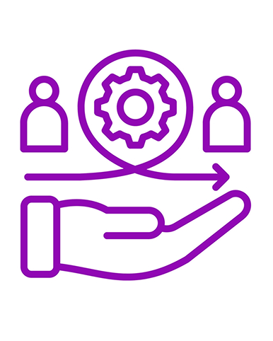 A graphic of a hand with a gear and people above it.